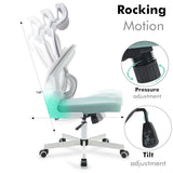 Rocking motion office chair with headrest, ergonomic design, and adjustable comfort.