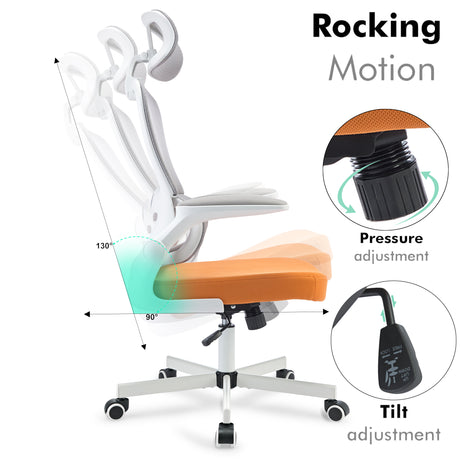 Rocking motion orange office chair with ergonomic design, lumbar support, and comfort.