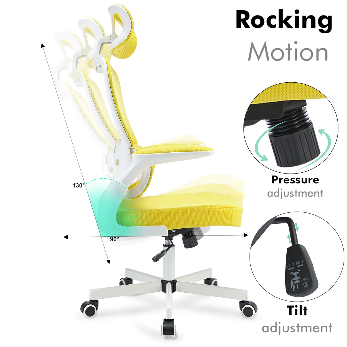 Rocking motion yellow office chair with ergonomic design, adjustable features, and comfort.