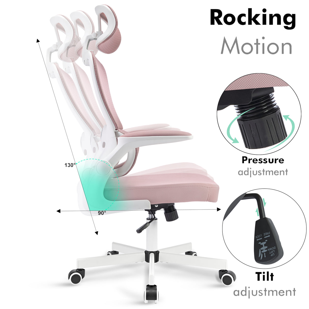 Rocking Pink Office Chair with Mesh Headrest – Ergonomic and Comfortable Design