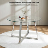 [Clear] Round glass dining table with chrome legs and a crossed base for stable weight distribution, styled for breakfast.
