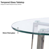[Clear] Round clear glass top dining table edge labelled 10mm tempered glass highlighting added strength and easy cleaning.
