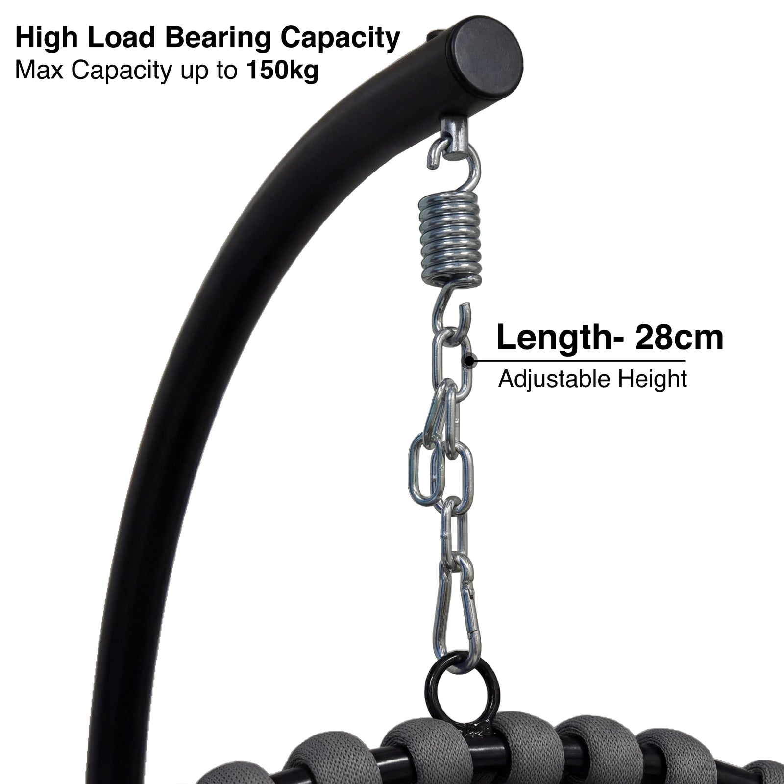 [Dark Grey] Close-up of dark grey hanging egg chair chain: silver spring, 28cm adjustable length, 150kg load capacity