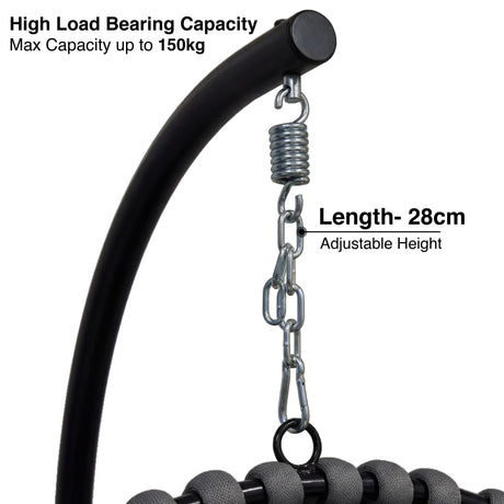 Close-up of Round Garden Hanging Egg Chair's adjustable hanging chain with 28cm length and 150kg load capacity for secure suspension.