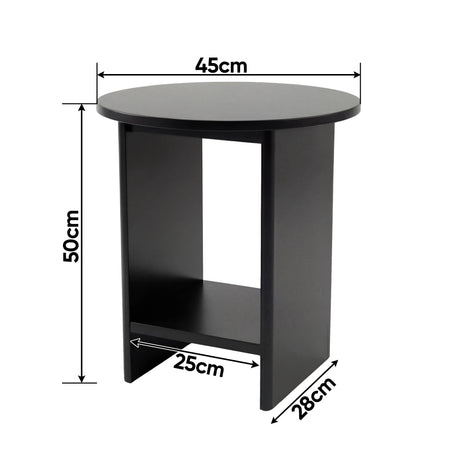 [Black] Dimensions diagram of black round side table showing 45cm top, 50cm height, 25cm shelf, 28cm depth
