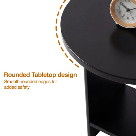 [Black] Close-up showing rounded black tabletop corner of round side table with shelf below