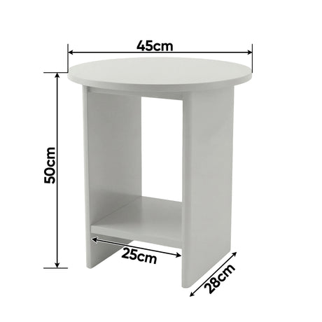 [Grey] Dimensions diagram of grey round side table showing 45cm top, 50cm height, 25cm shelf, 28cm depth