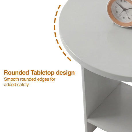 [Grey] Detail of grey side table showing smooth rounded top edge for added safety, clock at rear