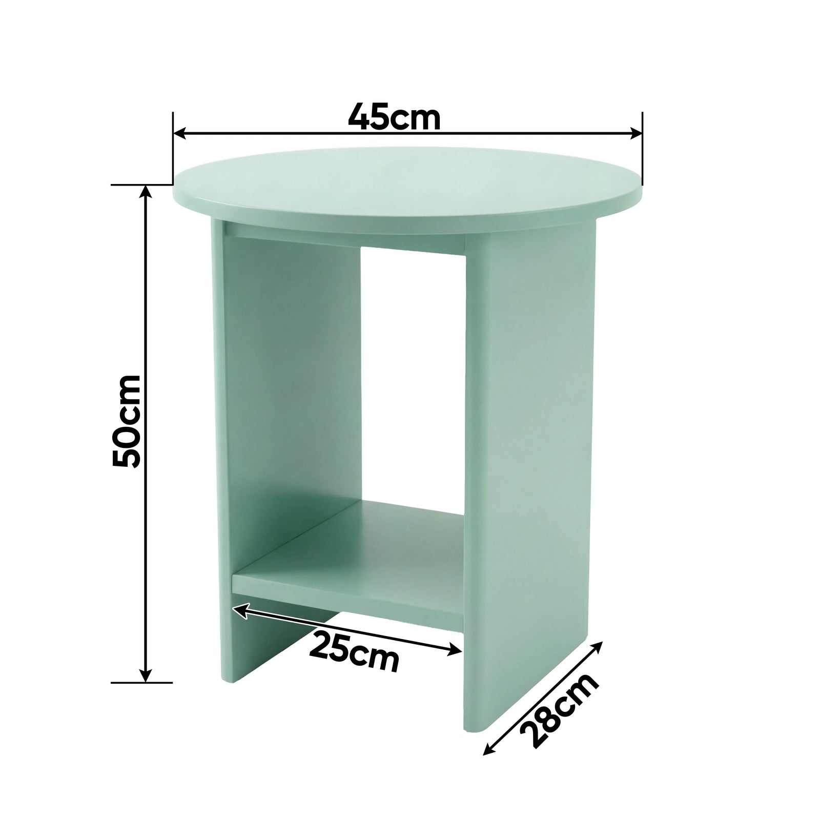 [Sage Green] Schematic of sage green small round side table giving 45cm width, 28cm depth, 50cm height, 25cm shelf