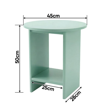 [Sage Green] Schematic of sage green small round side table giving 45cm width, 28cm depth, 50cm height, 25cm shelf