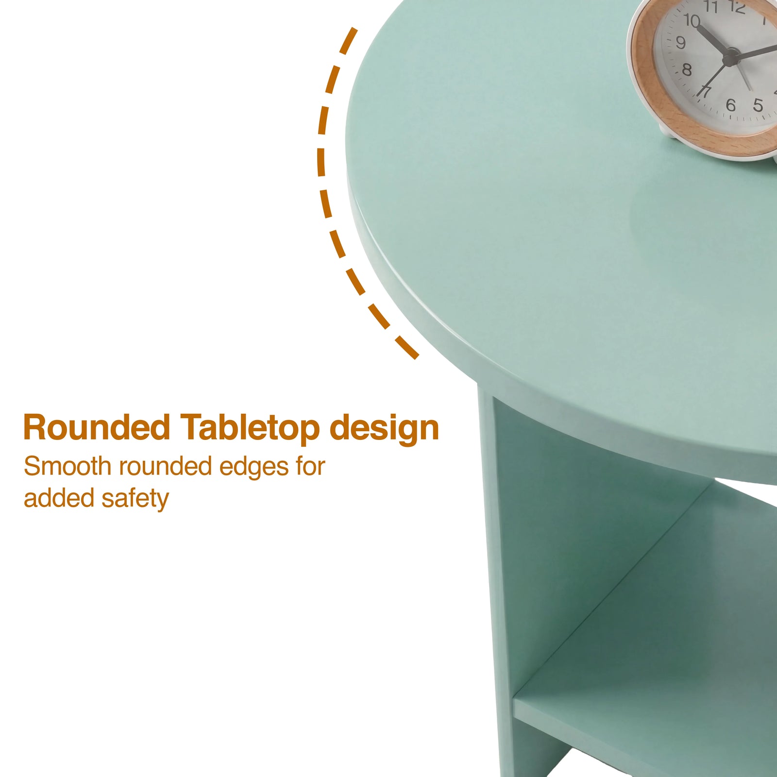 [Sage Green] Rounded tabletop edge close-up of sage green round side table with rose-gold clock on surface