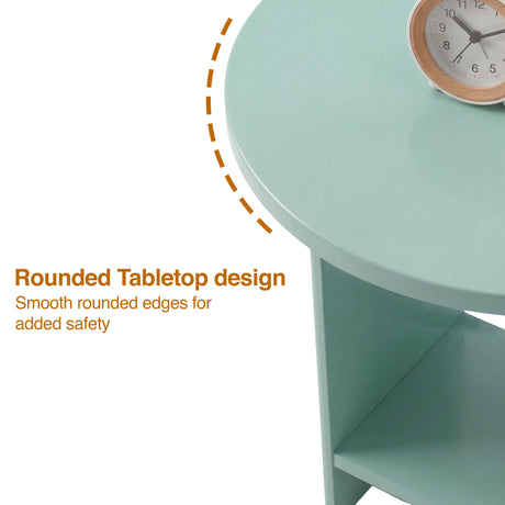[Sage Green] Rounded tabletop edge close-up of sage green round side table with rose-gold clock on surface