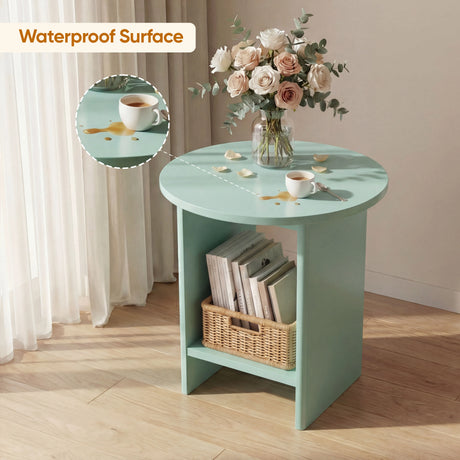 [Sage Green] Sage green round side table top with rose bouquet, gold cutlery and inset showing waterproof spill