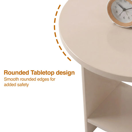 [Taupe] Detail of taupe side table showing smooth rounded top edge for added safety, clock at rear