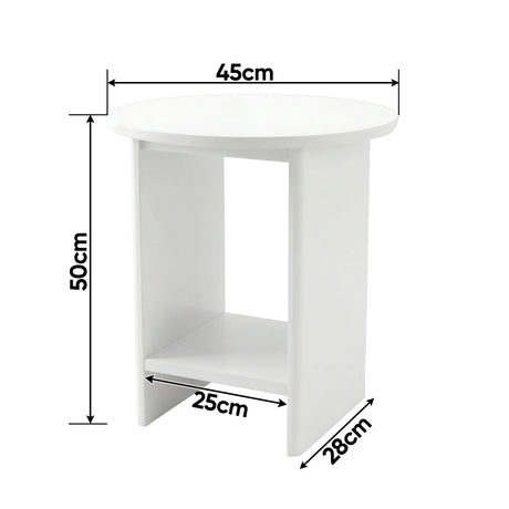 [White] Dimensions diagram of white round side table showing 45cm top, 50cm height, 25cm shelf, 28cm depth