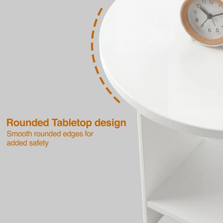 [White] Rounded tabletop edge close-up of white round side table with rose-gold table clock on surface