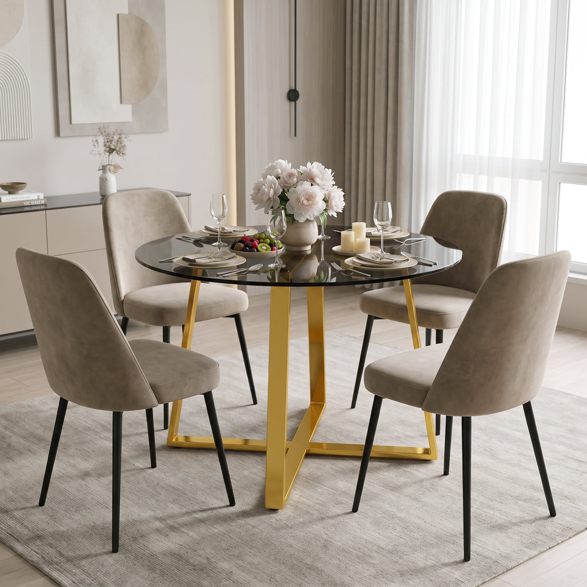 [Tinted] Round Tinted Glass Dining Table with Golden Colour Cross Legs styled with four chairs in a dining space.
