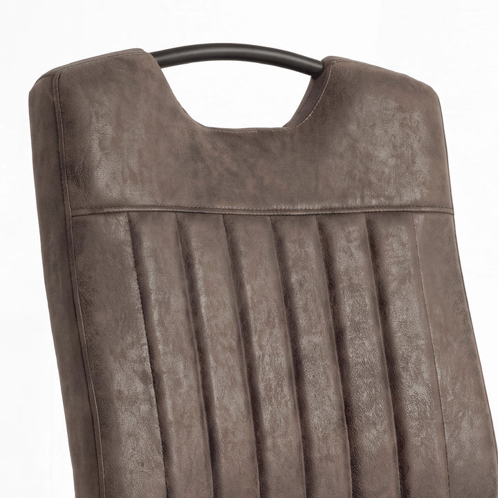 [Rust Brown] Close-up view of tall stitched back with suede-effect upholstery, vertical channels and black carry grip.
