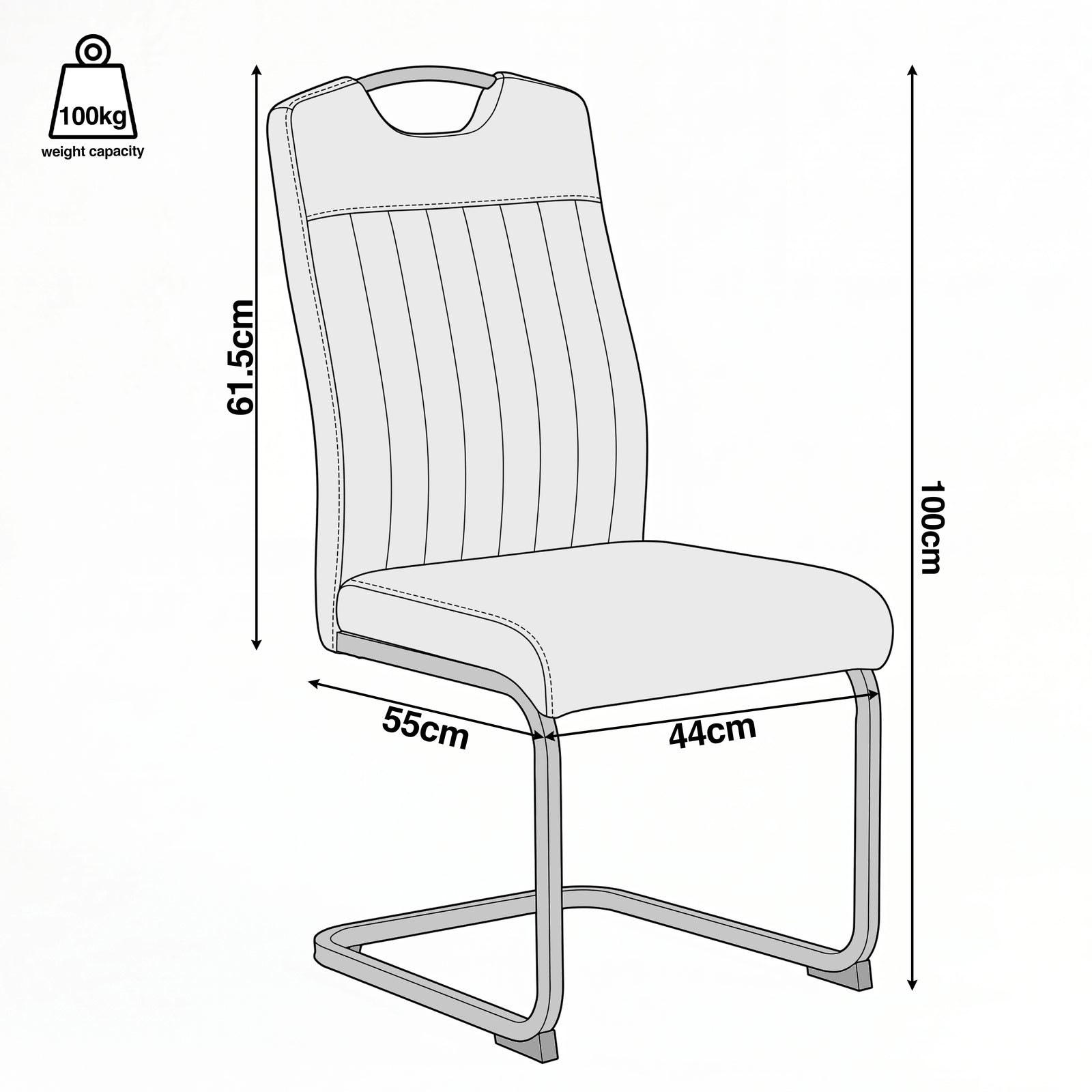 [Rust Brown] Dining chair size guide showing 100cm high, 44cm wide, 55cm deep, 61.5cm back height and 100kg capacity.