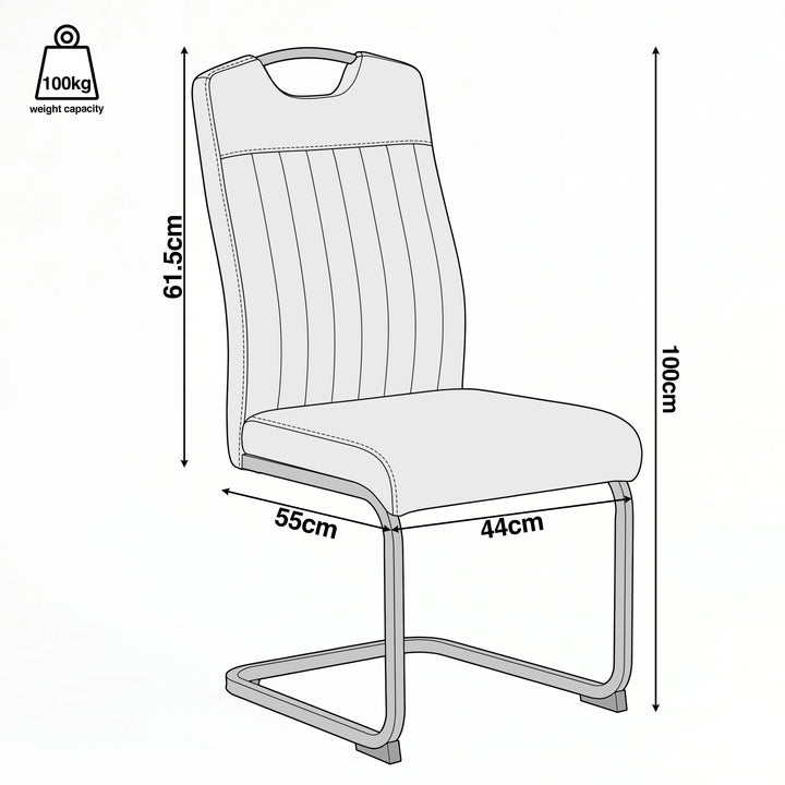 [Rust Brown] Dining chair size guide showing 100cm high, 44cm wide, 55cm deep, 61.5cm back height and 100kg capacity.