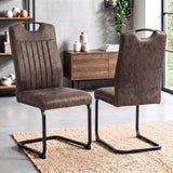 [Rust Brown] Front and rear high-back dining chair views with carry grips, padded seats and black loop metal frames.