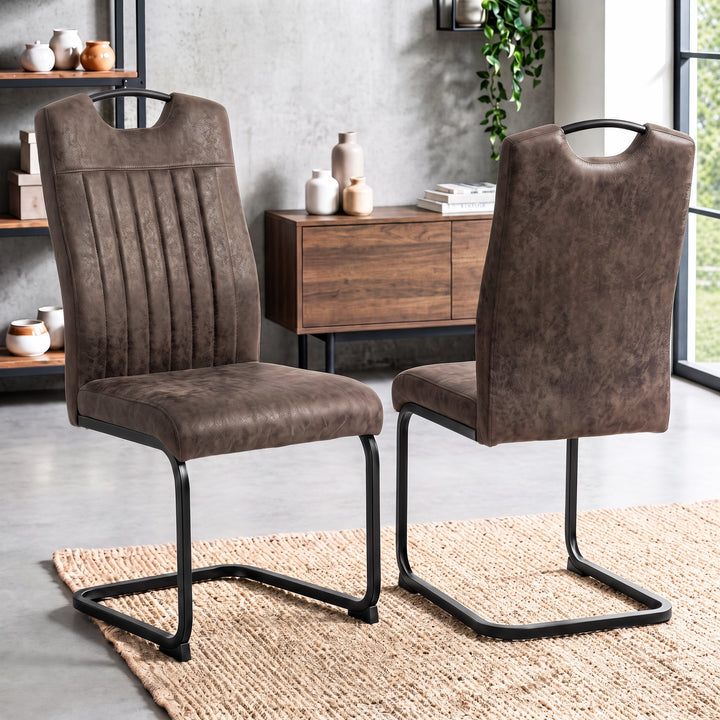 [Rust Brown] Front and rear high-back dining chair views with carry grips, padded seats and black loop metal frames.