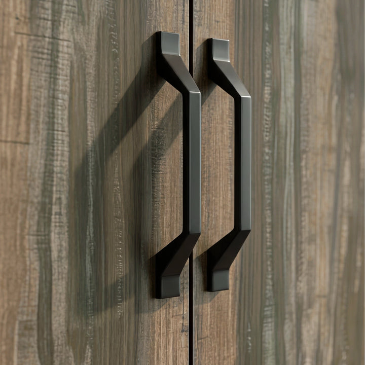 [Rust Wood] 2 door wardrobe handle detail showing two black pulls mounted on the door fronts