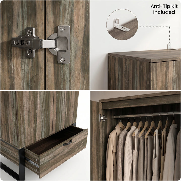 [Rust Wood] 2 door wardrobe lower drawer open with folded clothes and bags stored inside