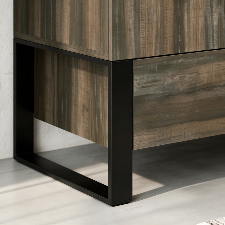 [Rust Wood] 2 door wardrobe base close-up showing raised black frame beside the lower drawer