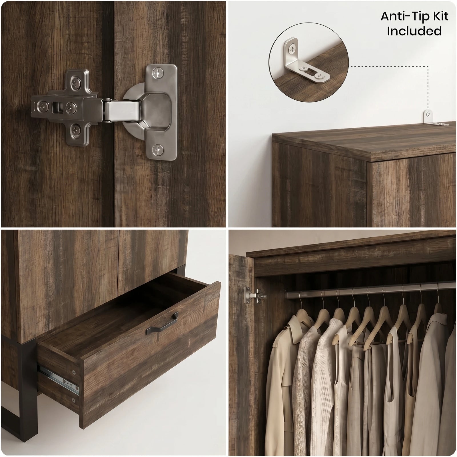 [Rust Wood] Collage of a wooden wardrobe with hinges, anti-tip kit, open drawer, and clothes on hangers.