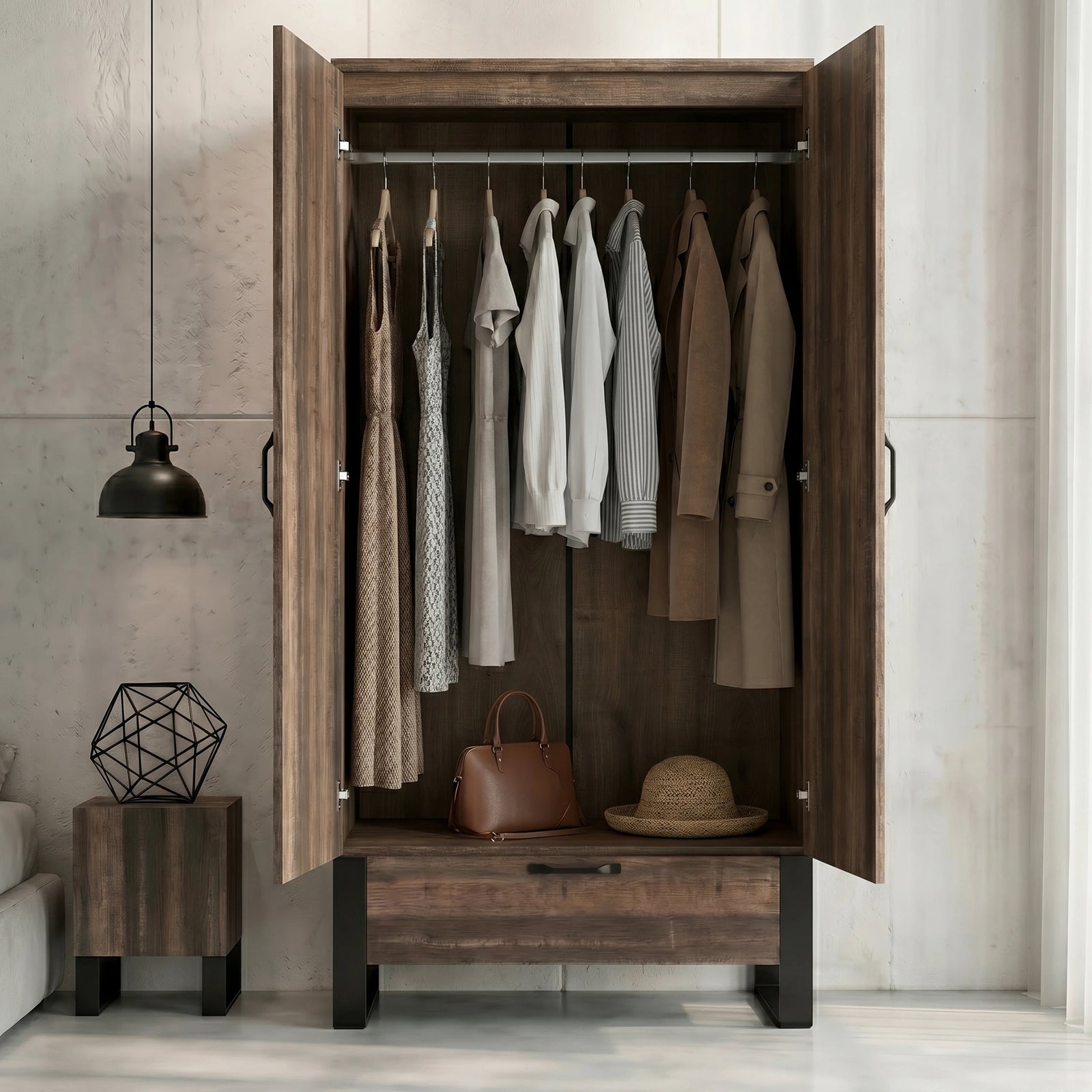 [Rust Wood] Rustvale wardrobe with doors open, showing hanging rail, dresses, shirts, coats, handbag, and straw hat.