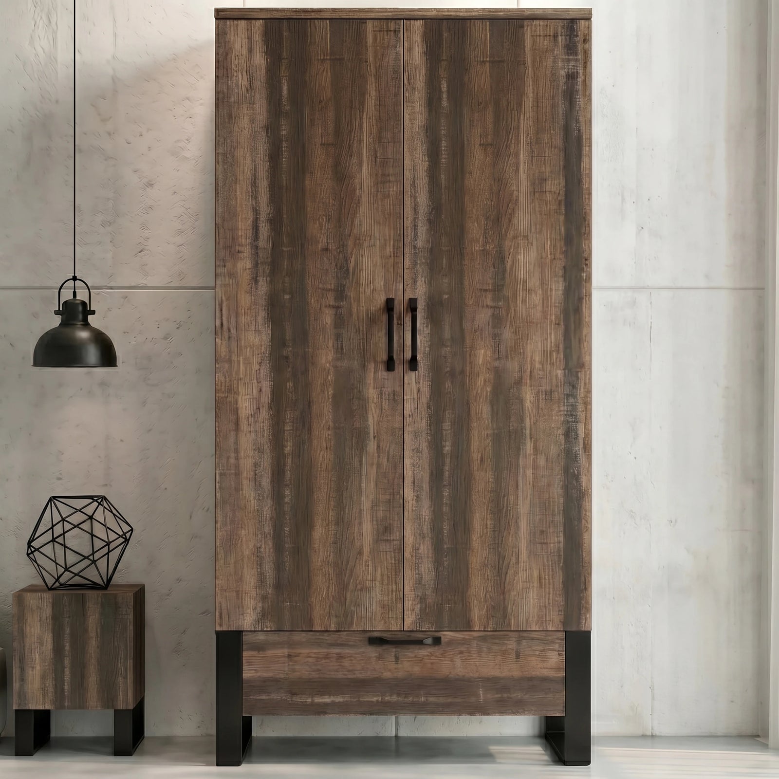 [Rust Wood] Rustvale wardrobe front view with closed double doors, lower drawer, black legs, pendant light, and side table.