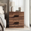 Rustic two drawer bedside table unit placed against a wall in a modern bedroom setting with neutral decor