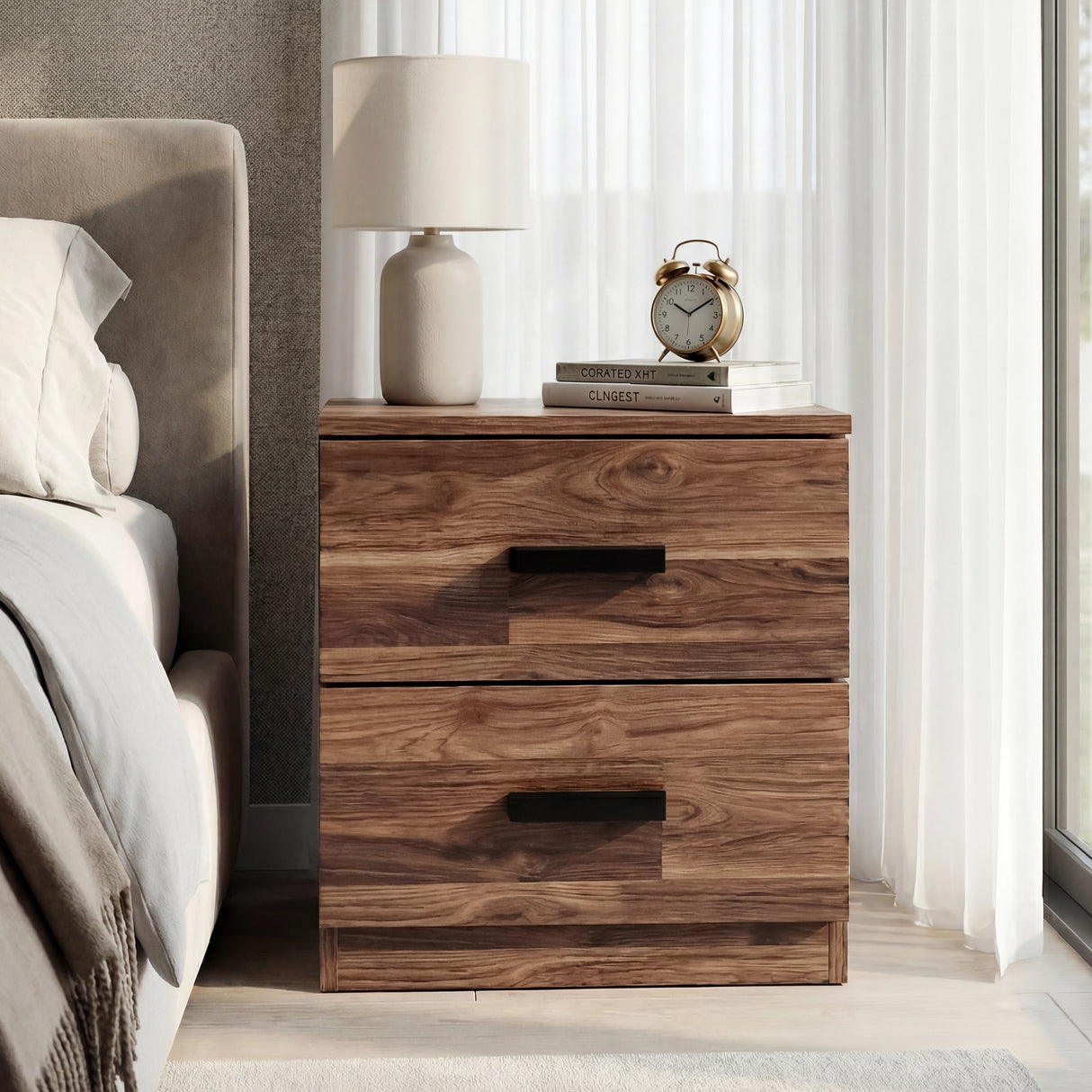 Rustic two drawer bedside table unit placed against a wall in a modern bedroom setting with neutral decor