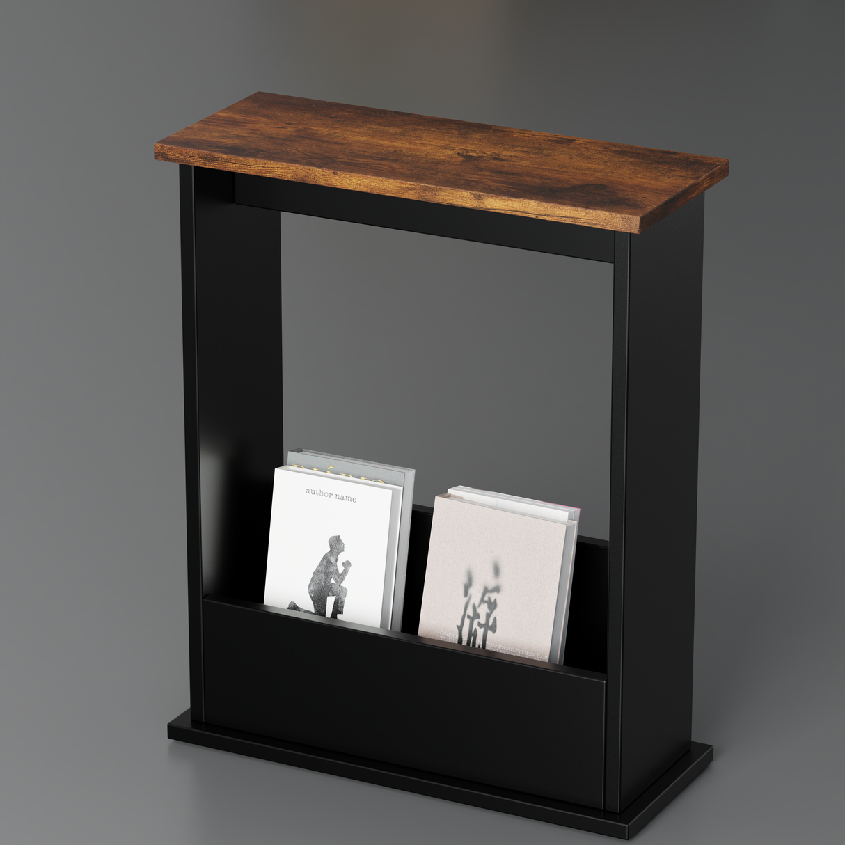 Rustic and black side table, adding a charming and bold touch to any room.