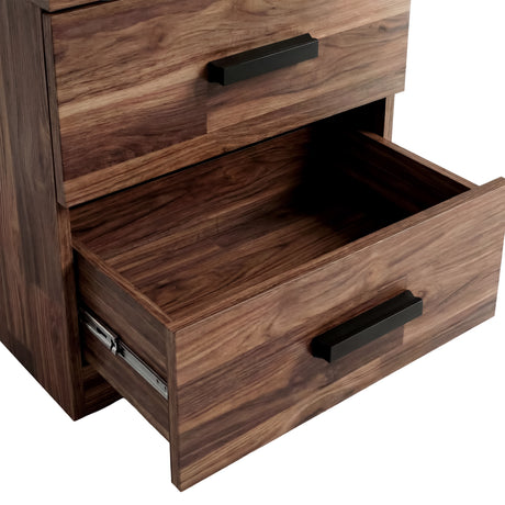 Close view of rustic bedside table drawer partially open, highlighting wood texture and depth