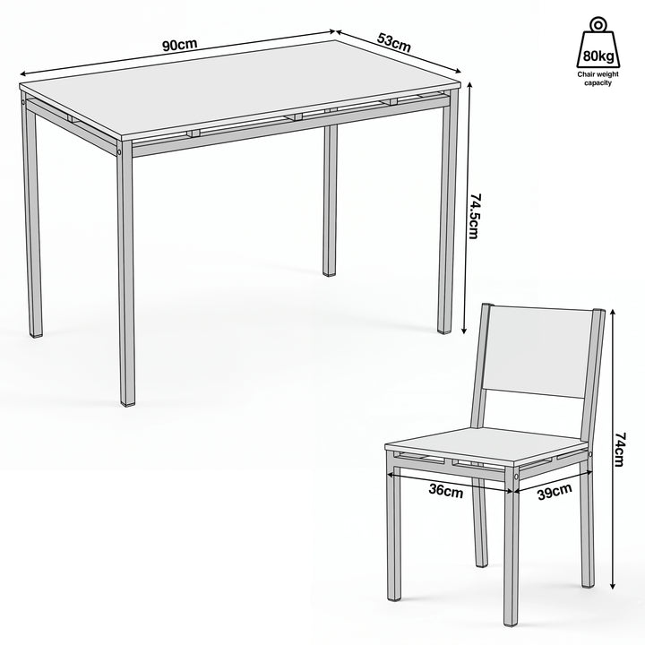 [Rustic] Breakfast table and chairs for 2 dimensions WxDxH: table 90x53x74.5cm, chairs 36x39x74cm, and 80kg weight capacity.