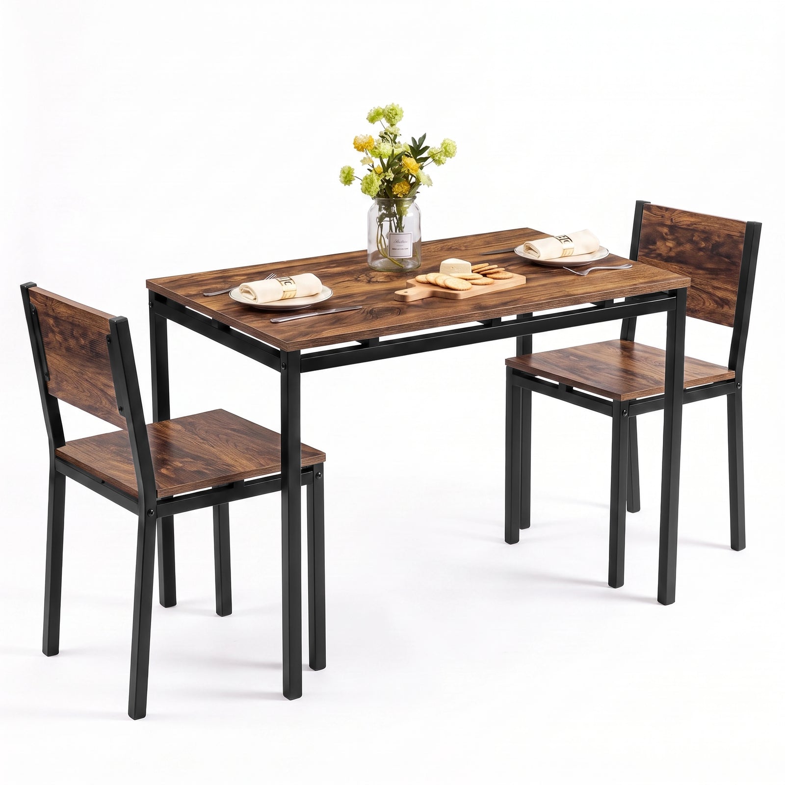 [Rustic] Breakfast table set of 2 with black metal frames, two chairs, plate settings, crackers, cheese and a flower vase.