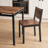[Rustic] Breakfast table and chair close-up view with rustic panels, black metal frames, open support rails and visible bolts