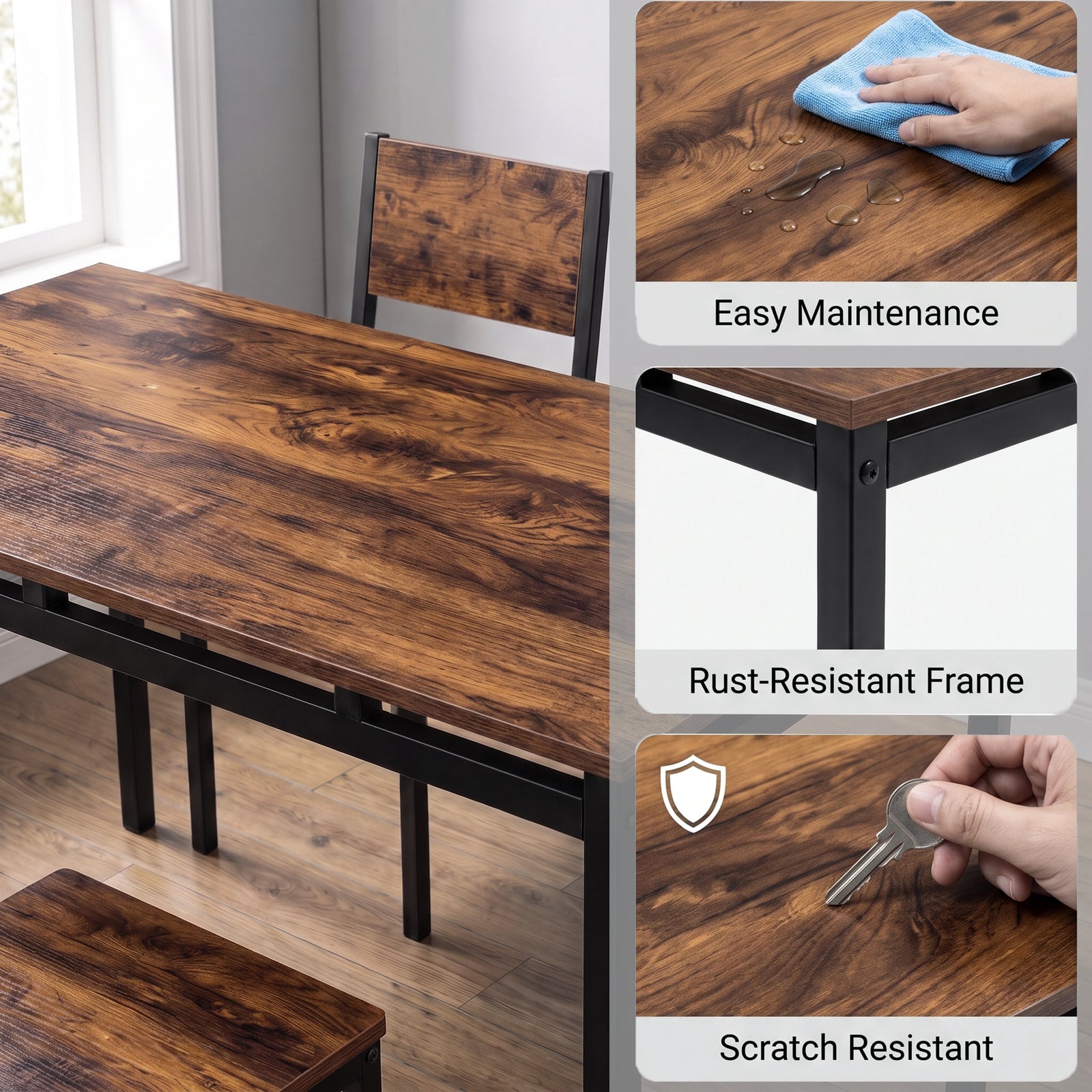[Rustic] Table guide showing an easy-clean tabletop, rust-resistant black frame & scratch-resistant brown wood-effect surface