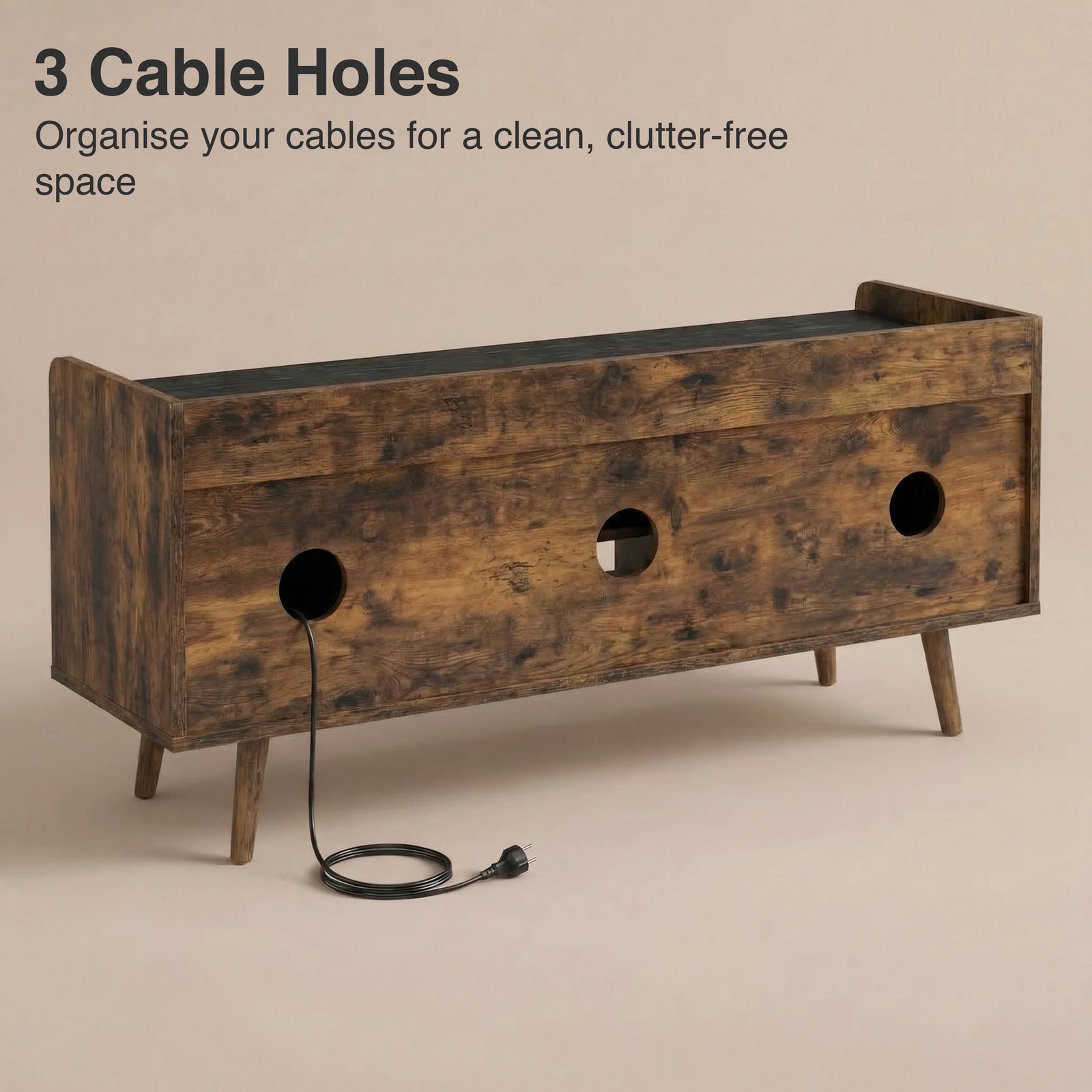 [Rustic] Larvik TV unit rear panel with three circular cable holes and power cord threaded through on beige background