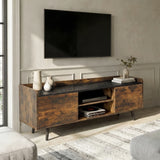 [Rustic] Larvik dark woodgrain TV unit wall placement showing storage cupboards, central shelving and tapered black legs