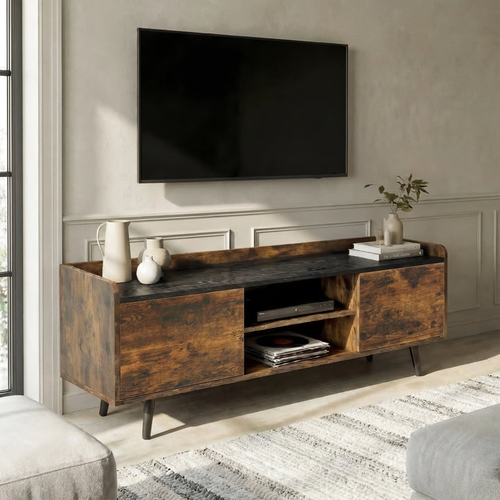 [Rustic] Larvik dark woodgrain TV unit wall placement showing storage cupboards, central shelving and tapered black legs