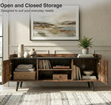 [Rustic] Larvik TV unit with both side doors open showing folded throws on left and books with bowl on right shelf