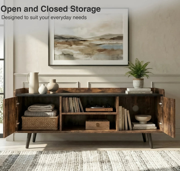 [Rustic] Larvik TV unit with both side doors open showing folded throws on left and books with bowl on right shelf