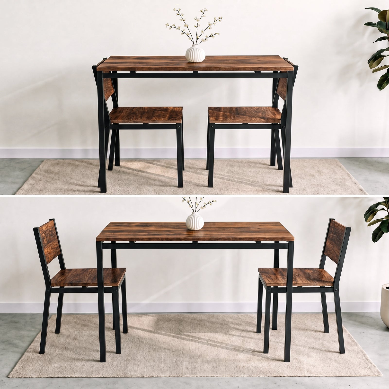 [Rustic] Space-saving breakfast table with two chairs tucked completely underneath the table, then pulled out & ready to use.
