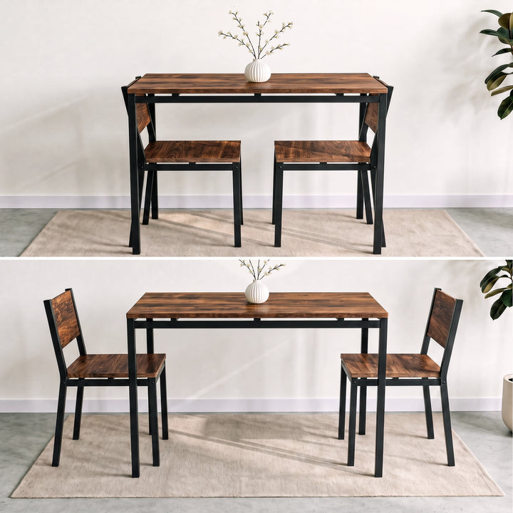 [Rustic] Space-saving breakfast table with two chairs tucked completely underneath the table, then pulled out & ready to use.