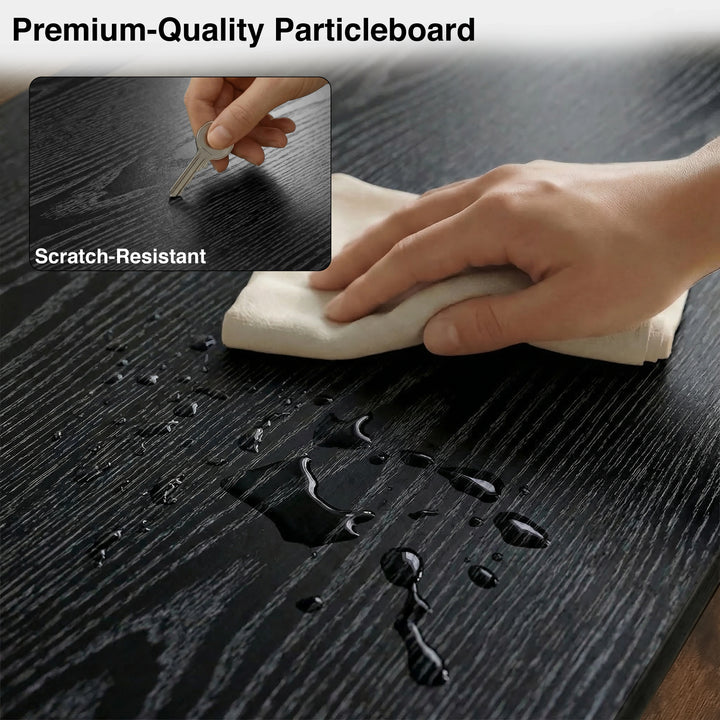 [Rustic] Larvik TV unit cleaning demonstration on black grained top with droplets, cloth wipe and key scratch test inset