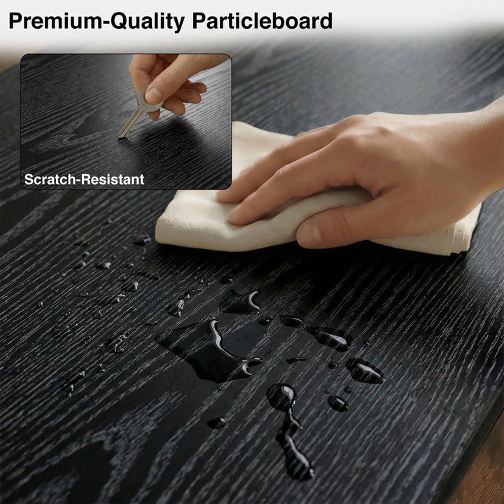 [Rustic] Larvik TV unit cleaning demonstration on black grained top with droplets, cloth wipe and key scratch test inset