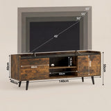 [Rustic] Larvik 140cm TV unit dimension diagram showing 140x40x55cm body, 42cm doors, 53cm centre shelf and 43-65 inch TV fit